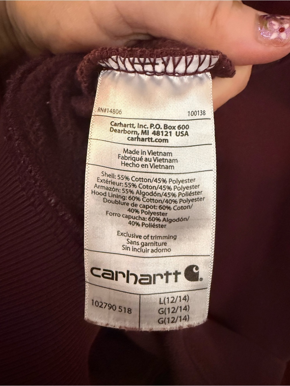 Carhartt Women’s L Relaxed Fit Burgundy Pullover Hoodie Sweatshirt 102790 - Picture 4 of 6